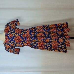 Vibrant Blue & Orange Floral Midi Dress - Pockets!!